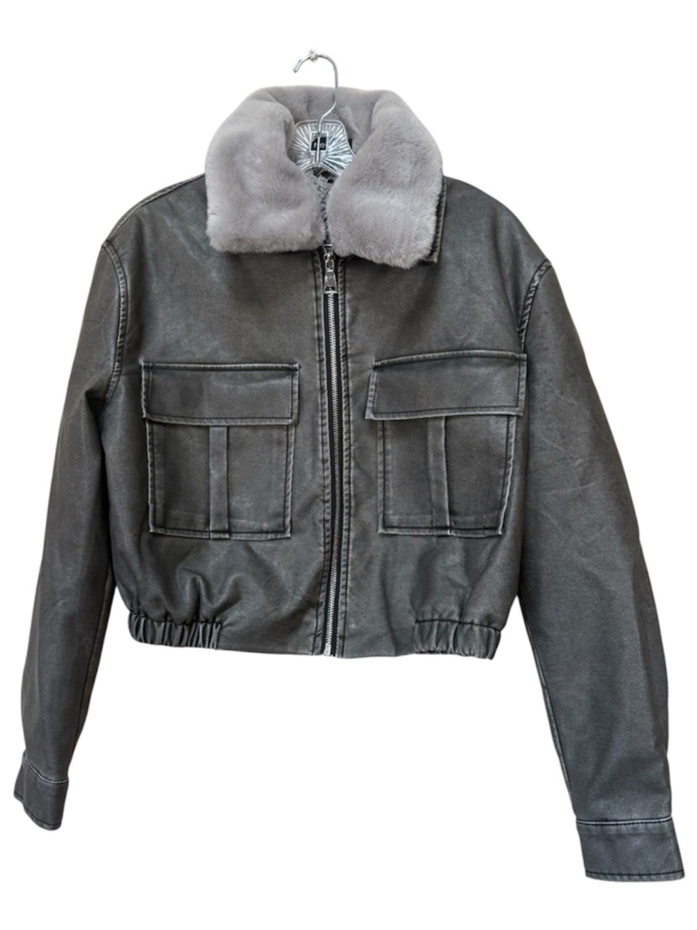 New Look Gray Faux Leather Aviator Jacket Fur Collar Y2K Cropped Moto
